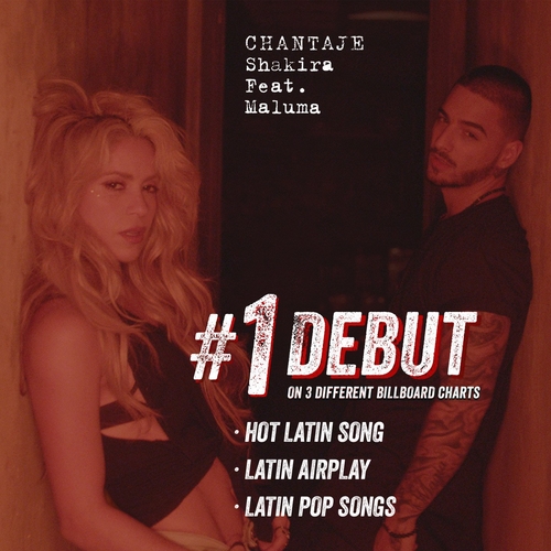 El nuevo sencillo de Shakira, #Chantaje con @maluma, debuta en @Billboard en lo mÃ¡s alto! ShakHQ

Shak's new single, #Chantaje ft @Maluma, is off to an amazing start on @Billboard! ShakHQ
