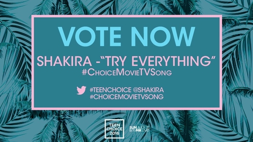 11 de Junho de 2016 - Try Everything de #Zootopia estÃ¡ concorrendo a um Teen Choice Award! vote.teenchoice.com ShakHQ #ChoiceMovieTVSong (Postado pela equipe de Shakira)

Try Everything from #Zootopia is up for a @TeenChoiceFOX Award! http://vote.teenchoice.com ShakHQ #ChoiceMovieTVSong 

Try Everything de #Zootopia estÃ¡ nominada en los @TeenChoiceFOX! http://vote.teenchoice.com ShakHQ #ChoiceMovieTVSong! 
